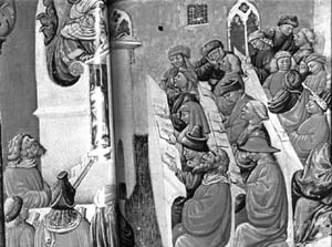 Студенты университетской аудитории (Германия, XIV век). Видно, что студенты - самых разных возрастов. Первые ряды слушают внимательно, а 