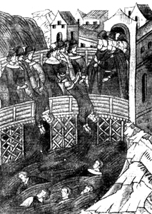 Стригольников бросают с моста в Новгороде. Лицевой летописный свод. Остермановский том 1, л. 692 об.