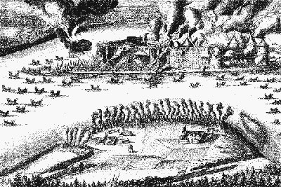 Штурм Орешка-Шлиссельбурга 11 октября 1702 года. Гравюра А.Шхонебека.